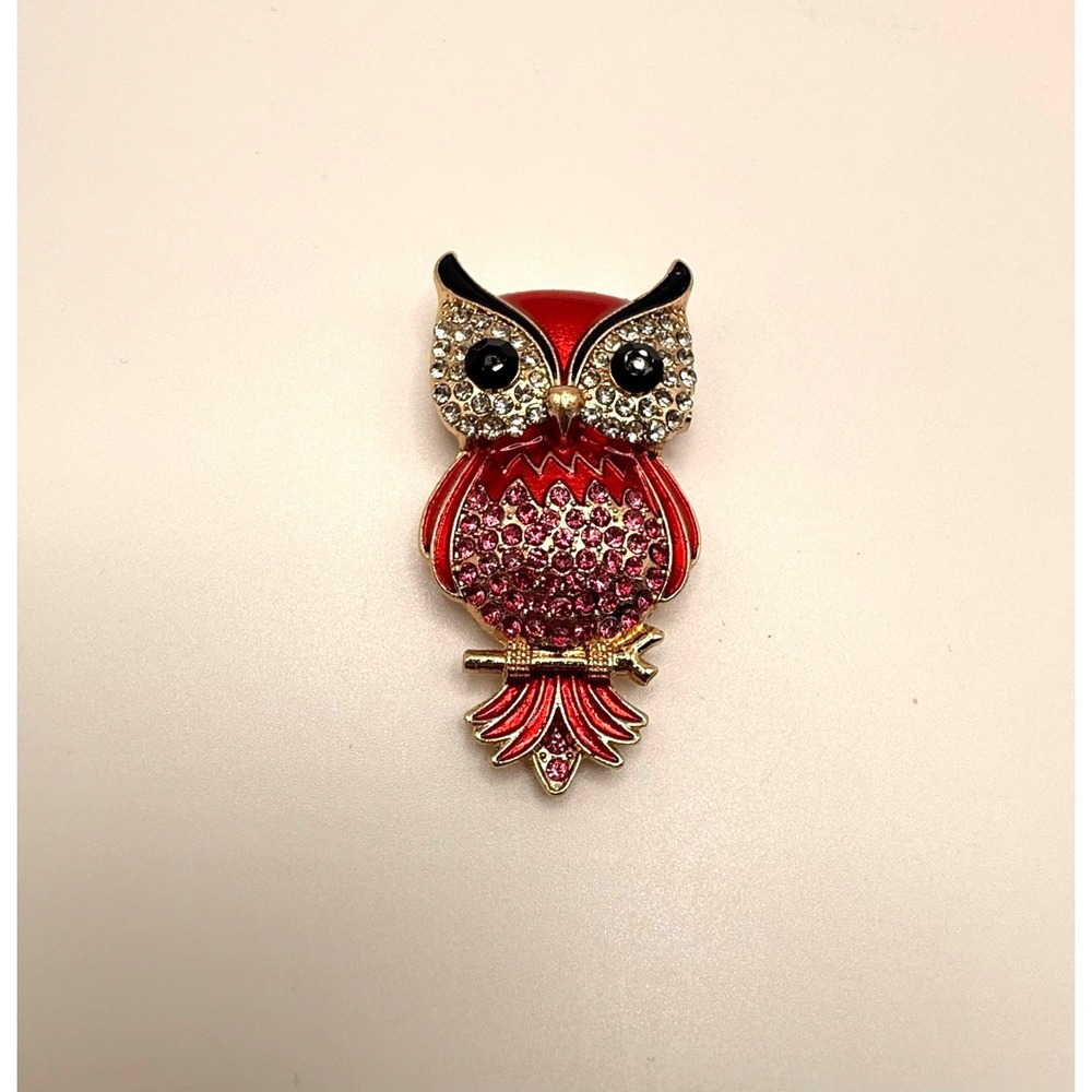 Mint Owl Brooch Pin Gold Tone Metal Pink Rhinestone Crystal‎ Animal 2"